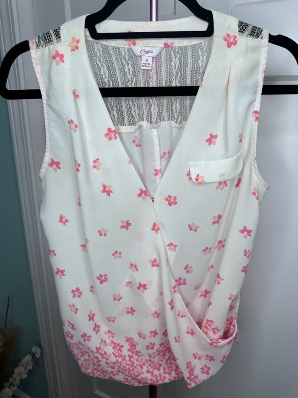 Candies White Sleeveless Floral Wrap Blouse with Pink Blossoms Small fairycore
